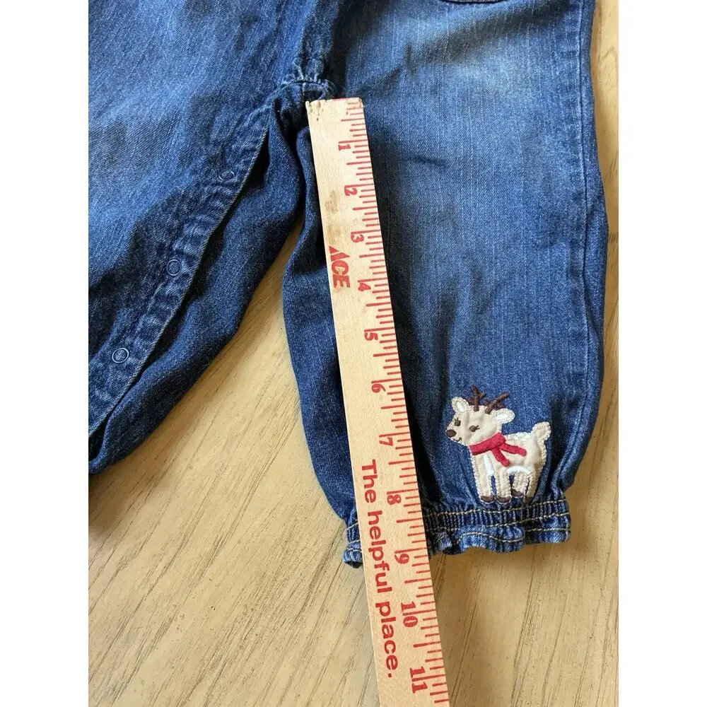 Gymboree Denim Overalls Reindeer Holiday Christmas Girls 18-24M Red Ruffle Trim